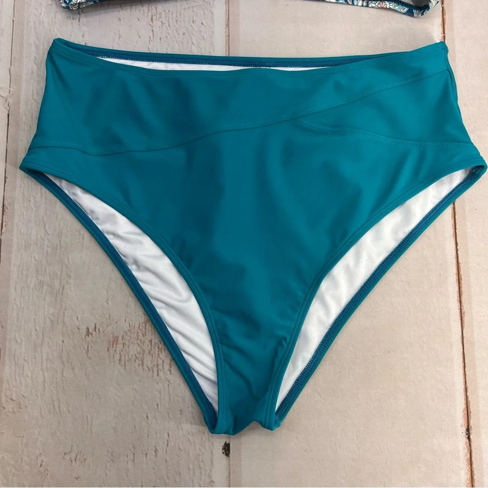 NWT High Waist Adjustable Strap Turquoise &‎ Orange Paisley Bikini SIZE LARGE